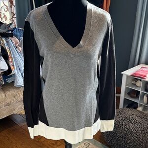 LOFT V-Neck Sweater in Gray, Black, and White